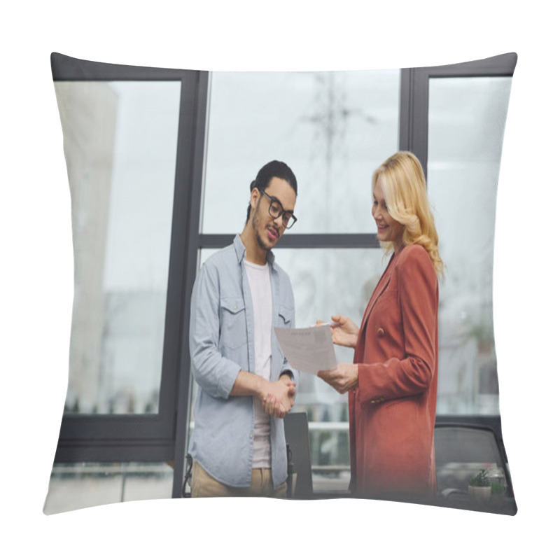 Personality  Man And Woman Shaking Hands In Office Pillow Covers