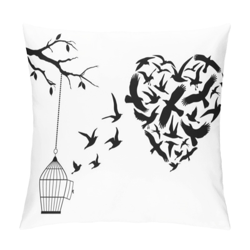 Personality  Flying Birds In Heart Shape With Birdcage And Tree, Vector Illustration Pillow Covers