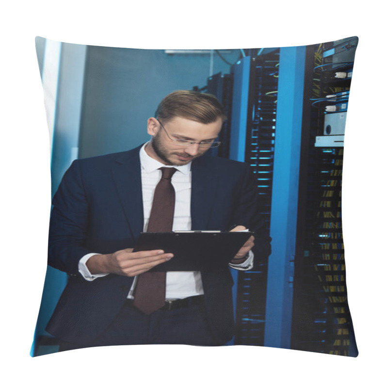 Personality  Handsome Businessman In Glasses Holding Clipboard In Data Center  Pillow Covers