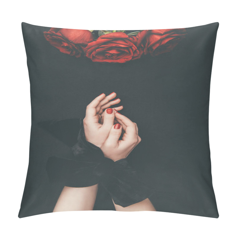 Personality  Female Hands Tied With Ribbon And Rose Flowers Isolated On Black Pillow Covers