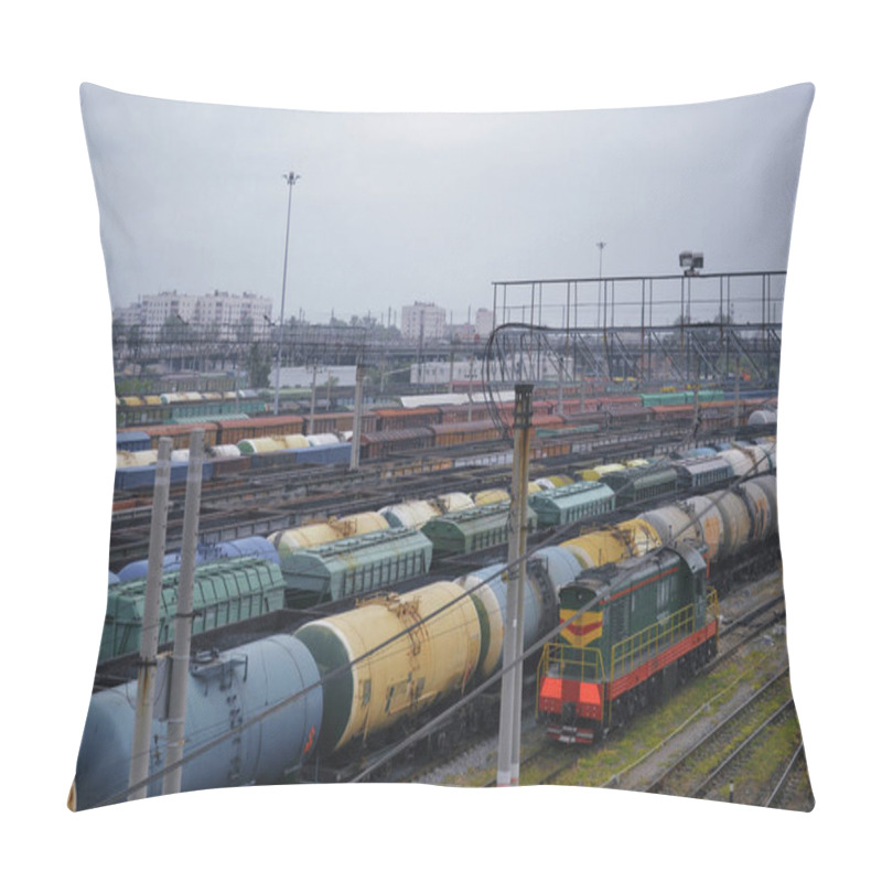 Personality  Train And Wagons On The Railway Tracks At The Station, They Carry Out Cargo Transportation Pillow Covers