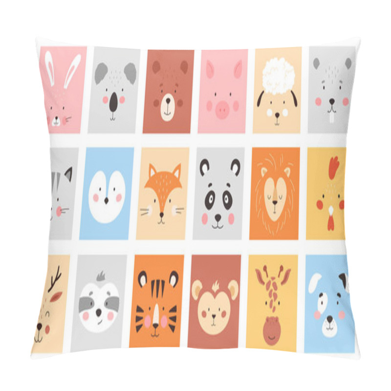 Personality  Cute Square Animal Faces Set Vector Illustration. Cartoon Isolated Farm And Wild Animal Or Bird Portrait Collection For Trendy Mobile Games Design, Heads And Funny Muzzles Of Baby Kawaii Characters Pillow Covers