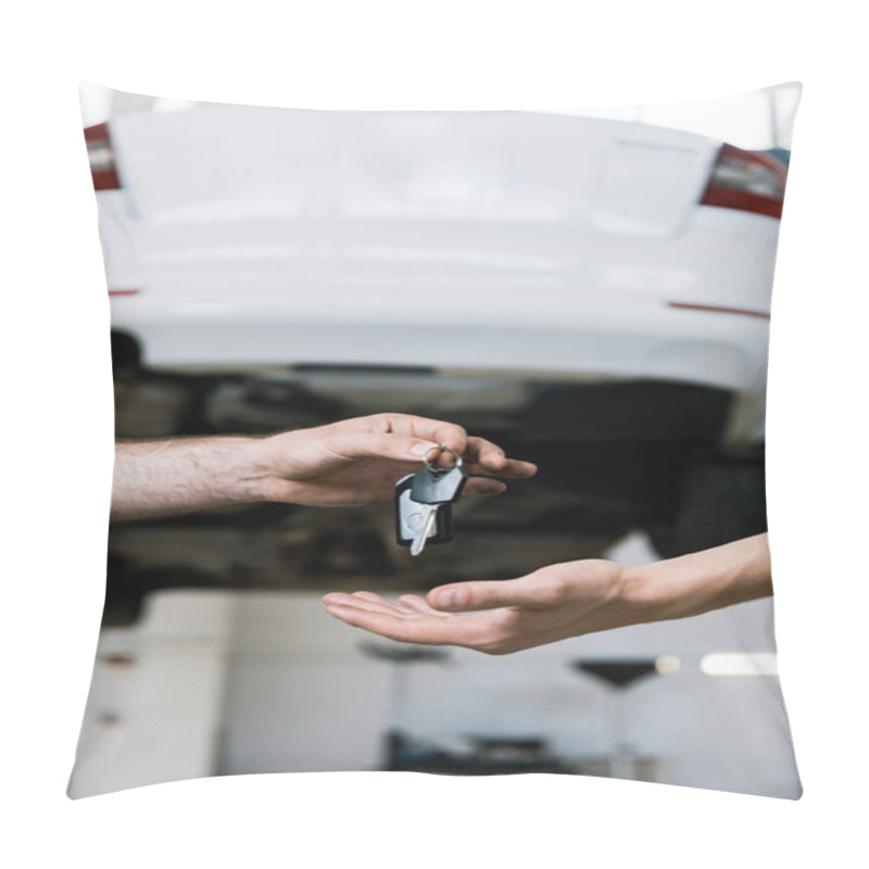 Personality  Cropped View Of Car Mechanic Giving Key To Man In Garage  Pillow Covers