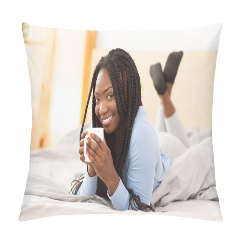 Personality  Afro Girl Having Coffee Lying In Comfortable Bed In Bedroom Pillow Covers