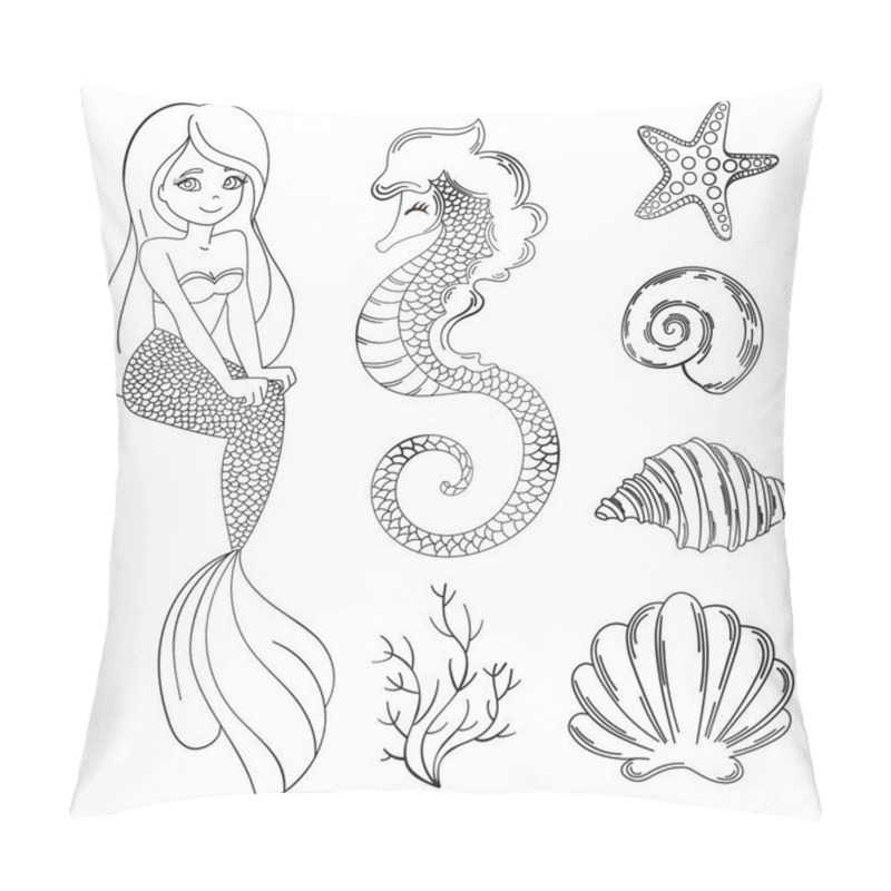 Personality  MERMAID MONOCHROME Cartoon Travel Tropical Vector Illustration Set For Print, Fabric And Decoration. Pillow Covers