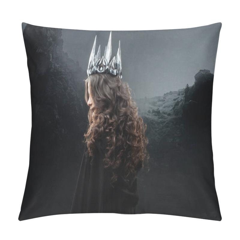 Personality  Portrait Of A Gothic Princess. Beautiful Young Brunette Woman In Metal Crown And Black Cloak. Pillow Covers