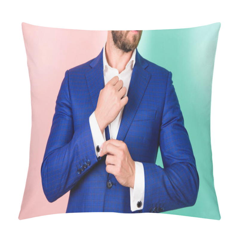 Personality  Male Fashion. Perfect To Last Detail. Male Hand Check Button On Shirt Sleeve. Cufflinks Match With Luxury Classic Suit Jacket. Make Sure Outfit And Appearance Look Perfect. Detail Make Outfit Elegant Pillow Covers