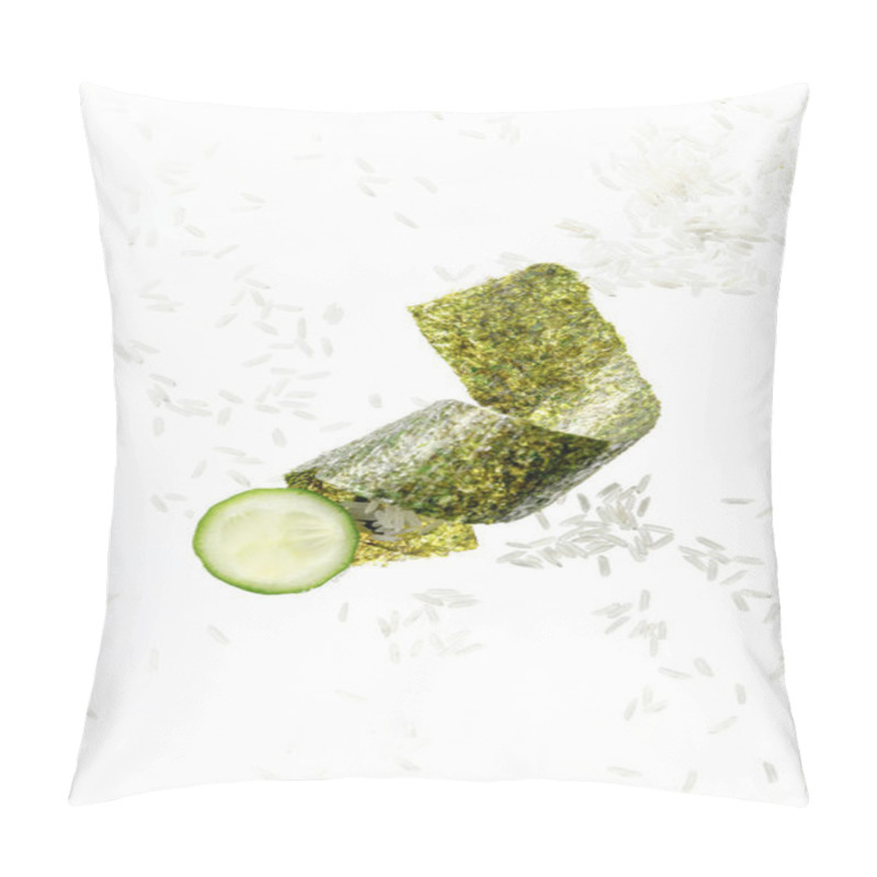 Personality  Top View Of Nori Seaweed Piece, Cucumber Slice And Rice Isolated On White Pillow Covers