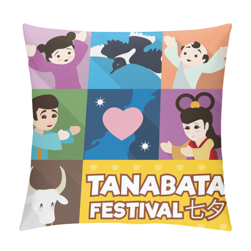 Personality  Poster With Cute Iconic Tanabata Characters, Vector Illustration Pillow Covers