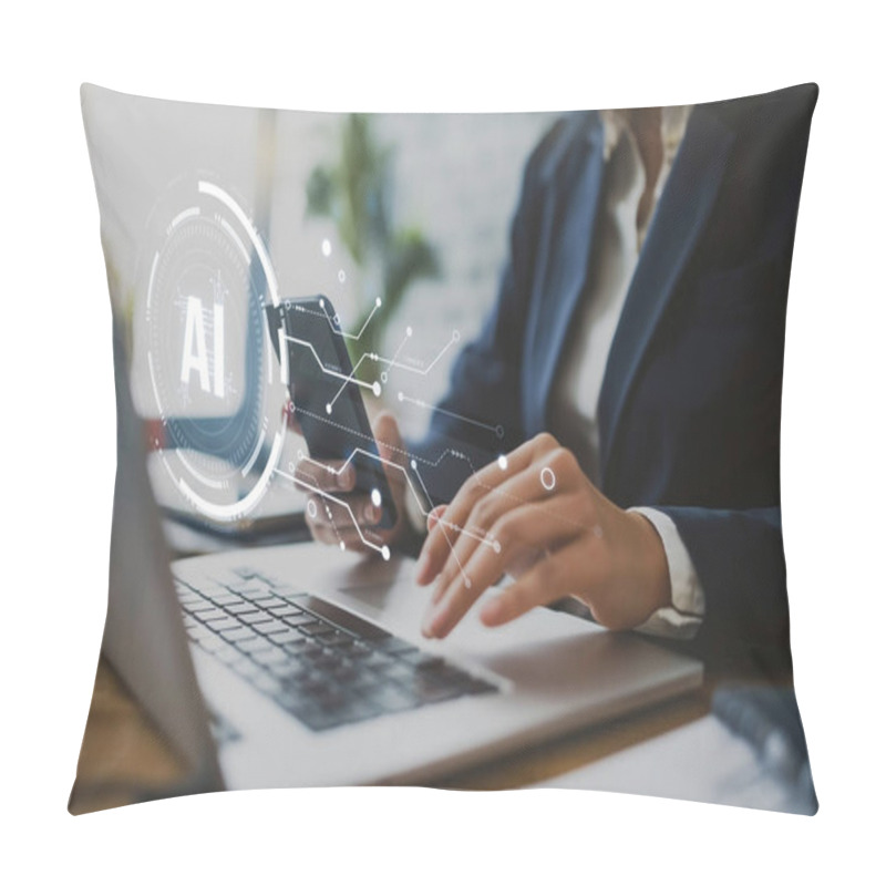 Personality  Human Interact With AI Artificial Intelligence Brain Processor In Concept Of AI Artificial Intelligence Engineering, Big Data And AI Machine Learning To Use Generative AI For Business Support. EIDE Pillow Covers