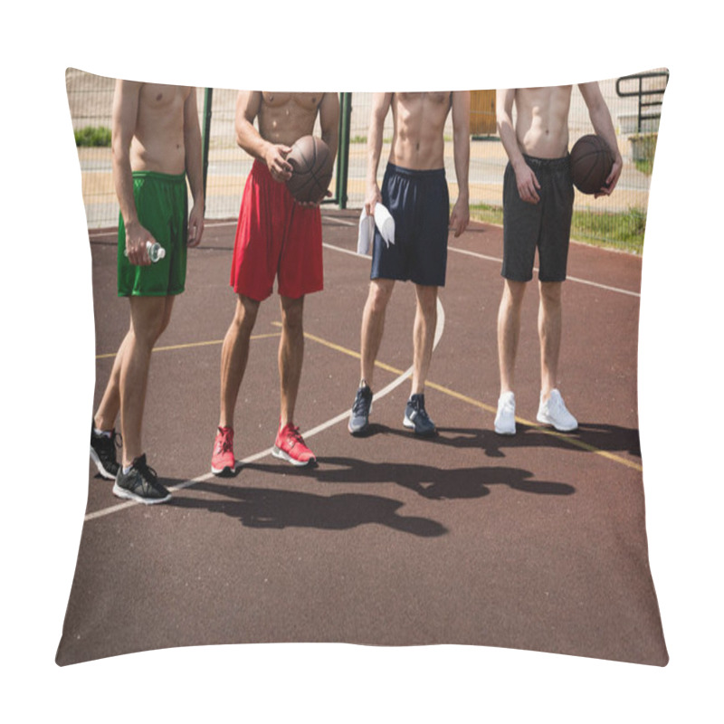 Personality  Cropped View Of Four Shirtless Basketball Players With Balls At Basketball Court Pillow Covers