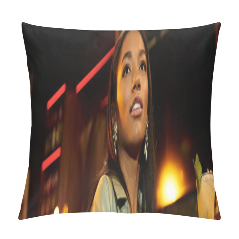 Personality  African American Woman Looking Away During A Vibrant Night Out. Pillow Covers