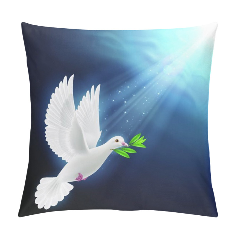 Personality  Dove Of Peace Flying With A Green Twig After Flood On A Dark Background Pillow Covers