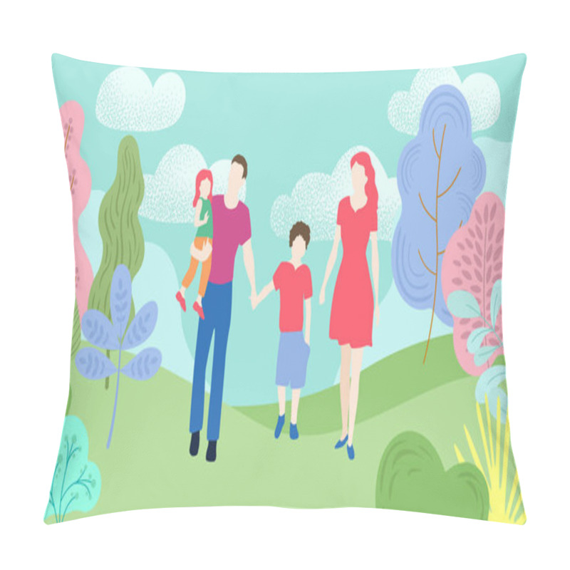 Personality  Hello Summer. Family With Kids Walking In City Park Or Forest. Pillow Covers