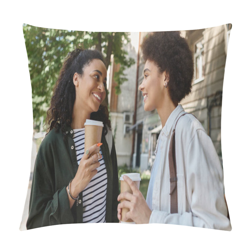 Personality  Two Joyful Women Share Laughter And Caffeine While Exploring The Outdoors In Their Vibrant Neighborhood. Pillow Covers