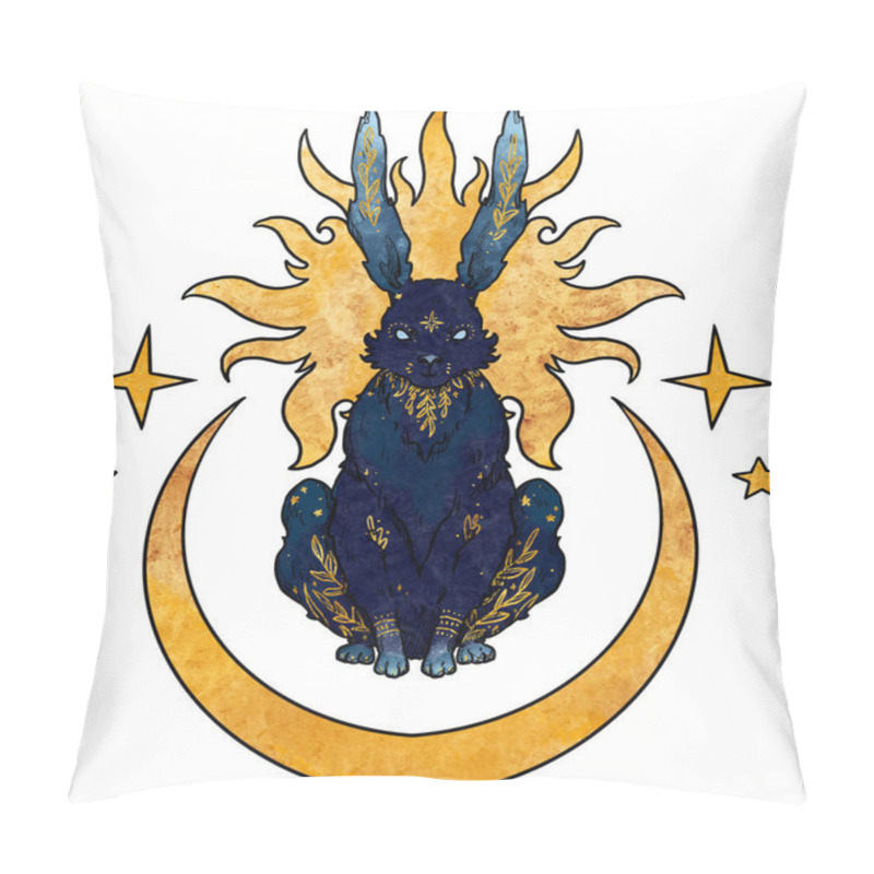 Personality  Mysterious Rabbits Composition. Moon And Stars. Blue And Gold Bunny. Decorative Silhouette. Boho And Vintage Collection. Wiccan And Pagan Art. Decorative Nature. Isolated On White Pillow Covers