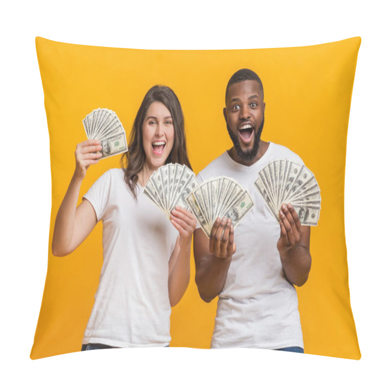 Personality  Joyful Multiracial Couple Holding Lot Of Dollar Banknotes, Rejoicing Success Together Pillow Covers