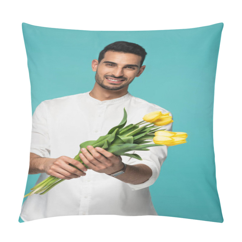 Personality  Yellow Tulips In Hands Of Smiling Arabian Man On Blurred Background Isolated On Blue  Pillow Covers