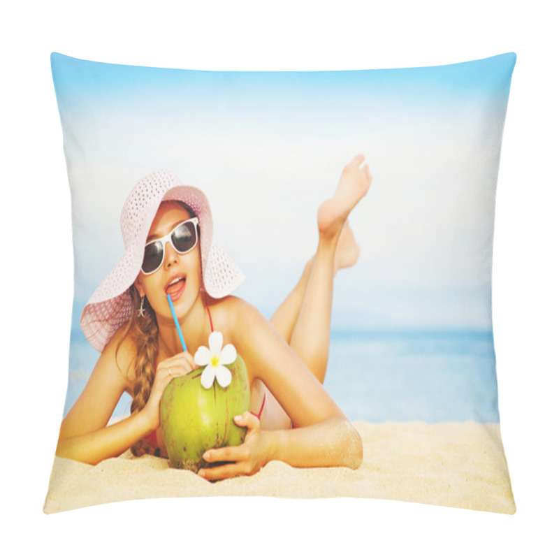 Personality  Young Woman In Pink Swimsuit With Coconut Cocktail On The Beach, Bali Pillow Covers