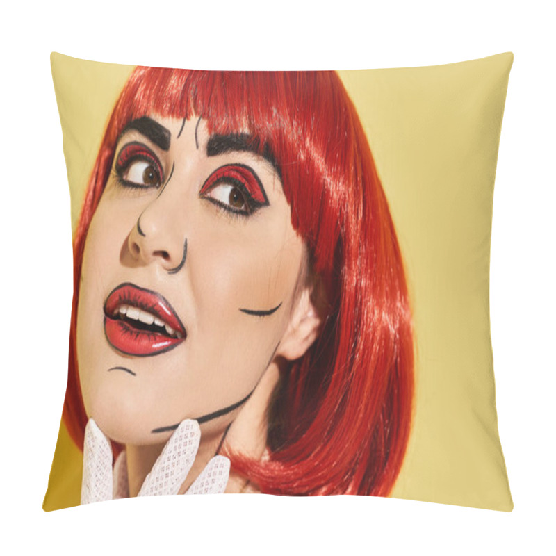 Personality  Close-up Of A Pretty Redhead With Creative Pop Art Makeup, Dressed In A Polka Dot Blouse, Set Against A Yellow Background. Pillow Covers