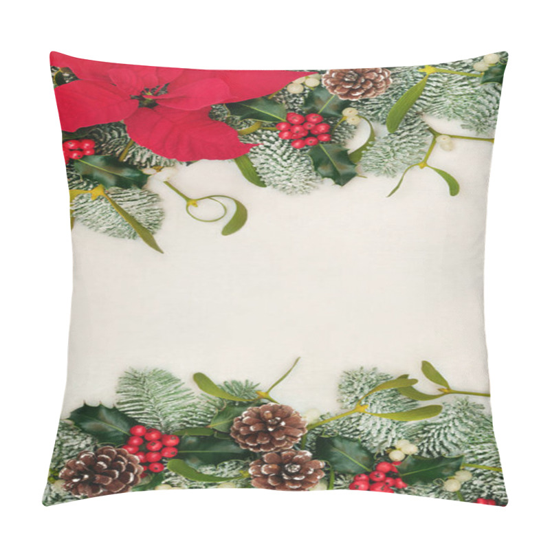 Personality  Poinsettia Flower Background Border With Winter Greenery Of Holly, Snow Covered Spruce Fir, Mistletoe & Pine Cones On Parchment Paper. Festive Background For Thanksgiving & Christmas. Copy Space. Pillow Covers