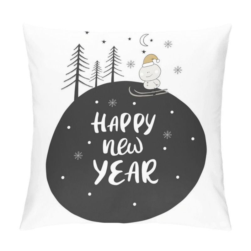 Personality  Hand Drawn Christmas Card In Scandinavian Style With Cute New Year Elements And Lettering Phrase. Vector. Pillow Covers