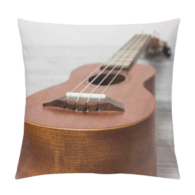 Personality  Close Up Of Ukulele On Old Wooden Background Pillow Covers