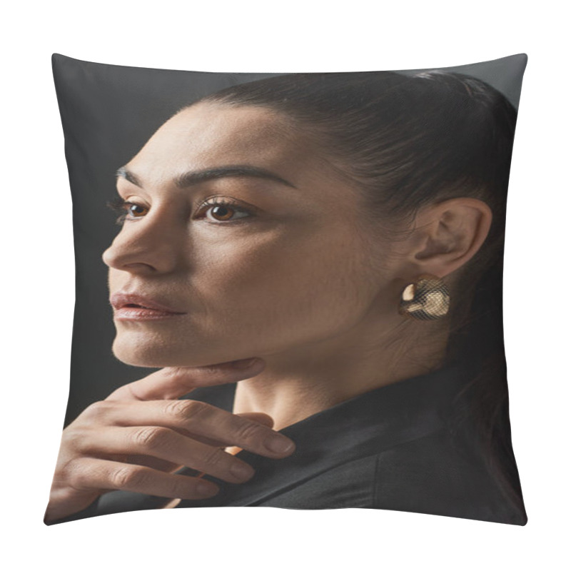 Personality  Elegant Woman In Black Shirt And Gold Earrings. Pillow Covers