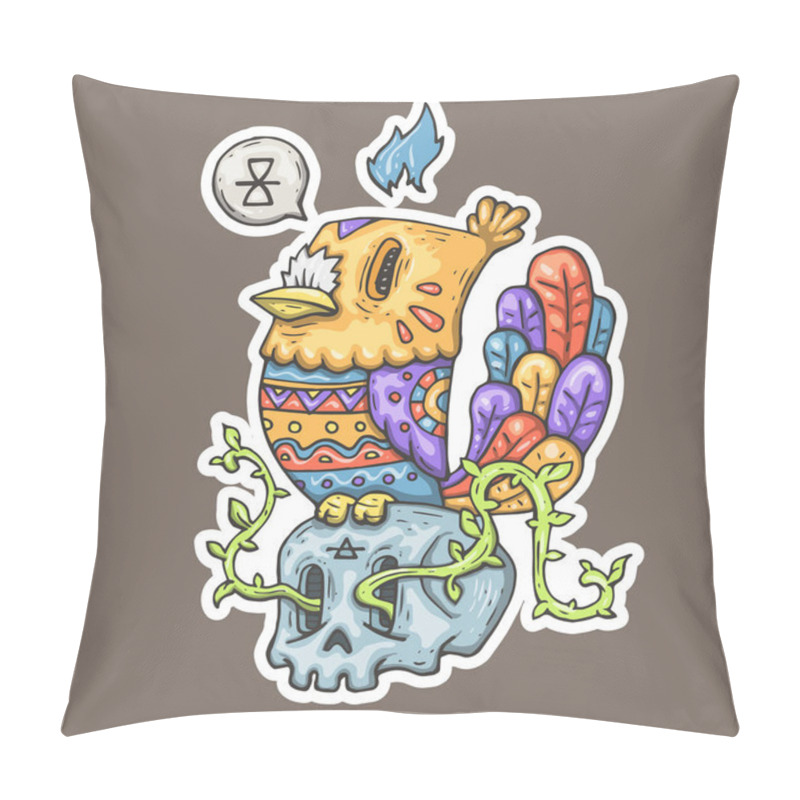 Personality  Cartoon Bird With Tribal Ornament Sitting On A Skull. Pillow Covers