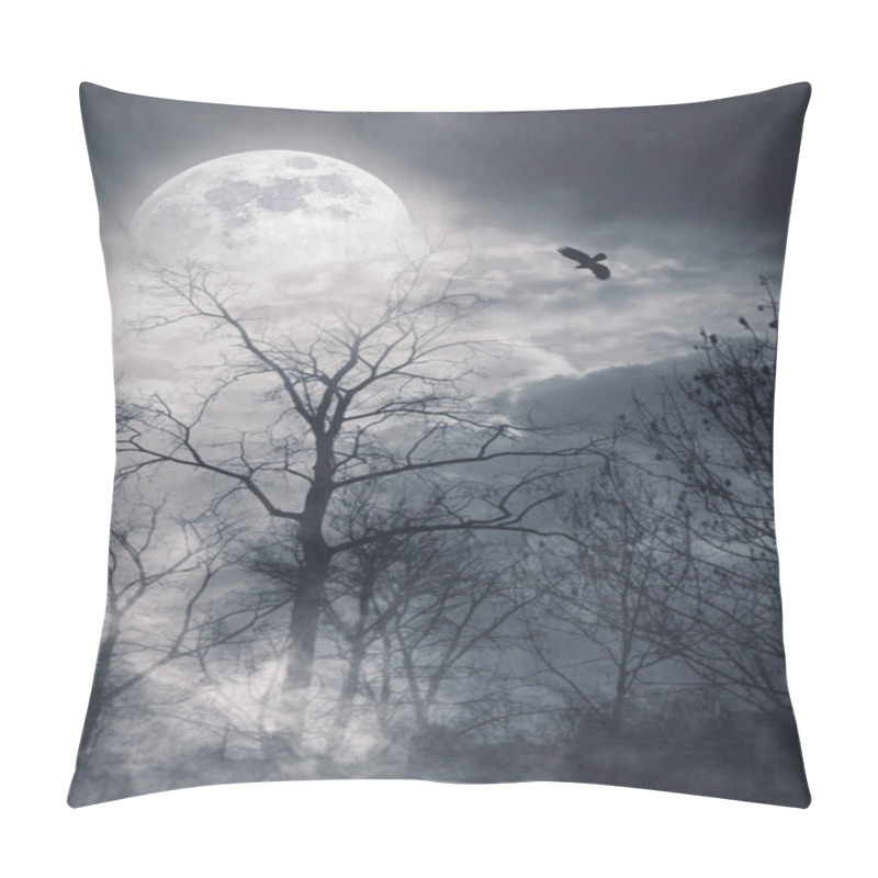 Personality  Dry Trees In The Misty Forest And Full Moon In The Sky At Night, Horror Background Pillow Covers