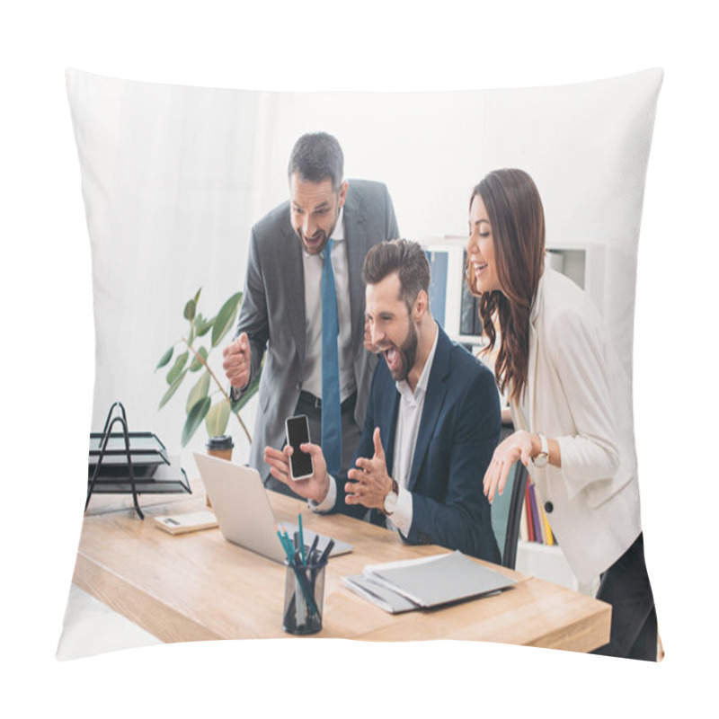 Personality  Colleagues At Table Looking To Laptop And Rejoicing In Office Pillow Covers