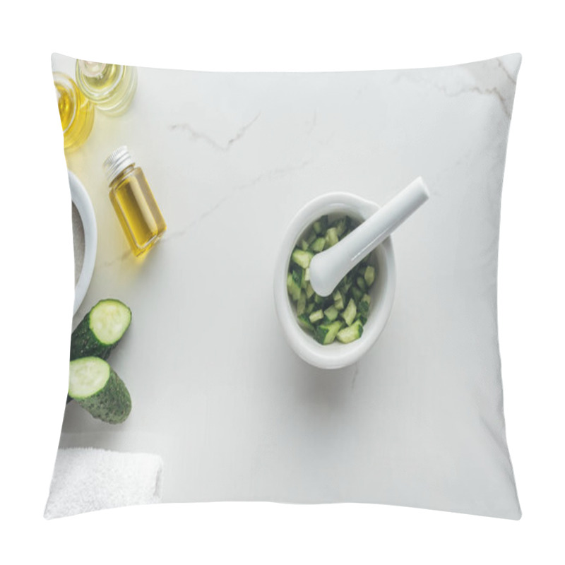 Personality  Top View Of Pounder With Cut Cucumber And Various Cosmetic Components On White Surface Pillow Covers