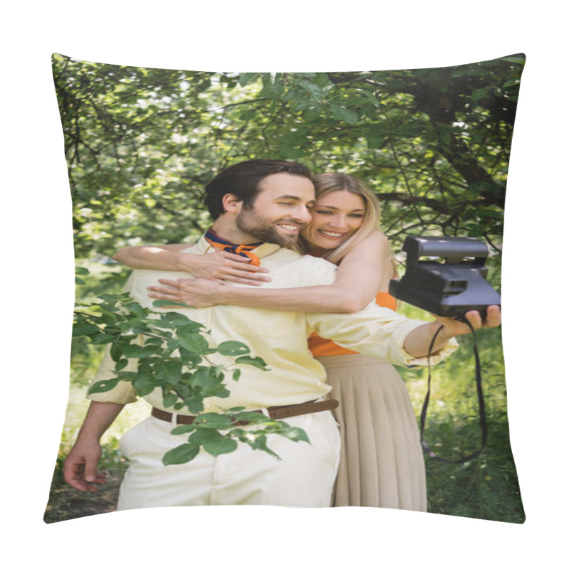 Personality  Smiling Woman Embracing Stylish Boyfriend Taking Photo On Retro Camera In Summer Park  Pillow Covers