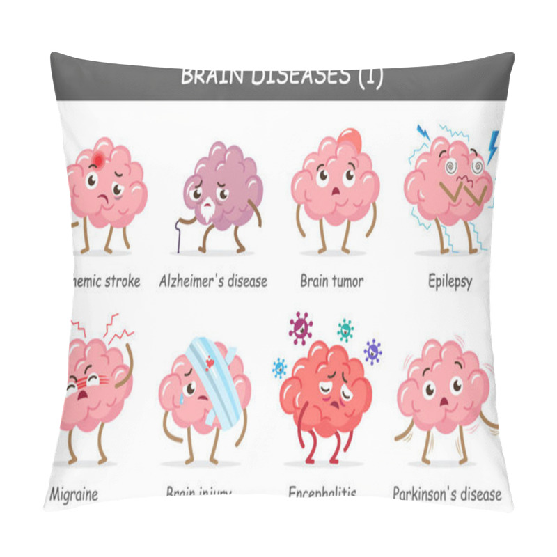 Personality  Brain Diseases Set 1. Include Stroke, Alzheimer's Disease, Brain Tumor, Epilepsy, Brain Injury, Migraine, Encephalitis, Parkinson's Disease. Cute Cartoon Characters. Vector. Pillow Covers