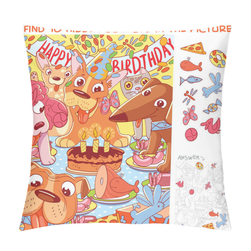 Personality  Dog Birthday. Find 10 Hidden Objects In The Picture. Puzzle Hidden Items. Funny Cartoon Character Pillow Covers