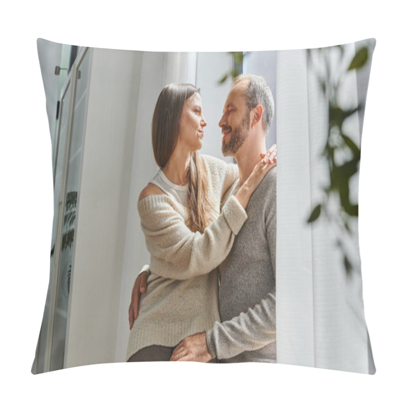 Personality  Joyful Child-free Couple Hugging And Looking At Each Other Near Window In Cozy Living Room, Warmness Pillow Covers