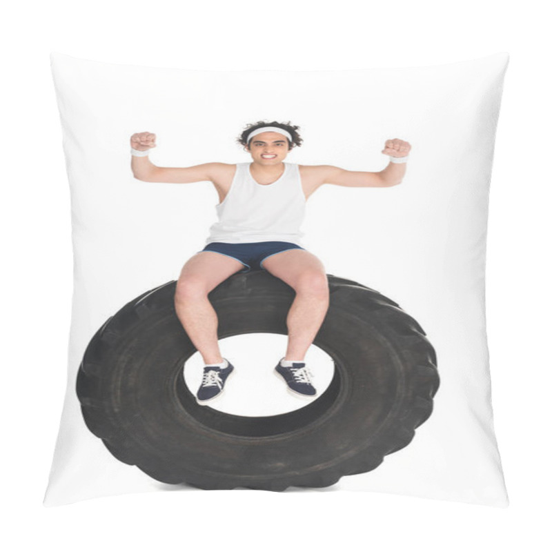 Personality  Exult Thin Sportsman Sitting On Tire Of Wheel Isolated On White Pillow Covers