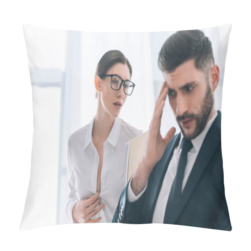 Personality  Selective Focus Of Secretary With Big Bust Seducing Scared Businessman In Office  Pillow Covers