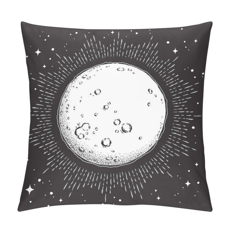 Personality  Antique Style Hand Drawn Line Art And Dot Work Full Moon With Rays Of Light. Boho Chic Tattoo Or Print Design Vector Illustration. Pillow Covers