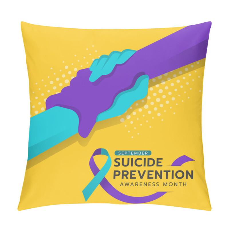 Personality  Suicide Prevention Awareness Month Text And Suicide Awareness Prevention Ribbon Sign And Hand Hold Hand Care Sign On Yellow Background Vector Design Pillow Covers