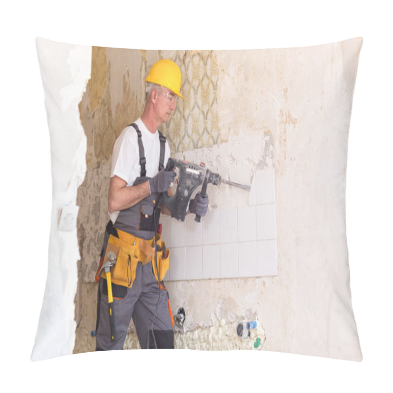 Personality  Senior Man Using Drill In The Reconstruction Of The Building Pillow Covers