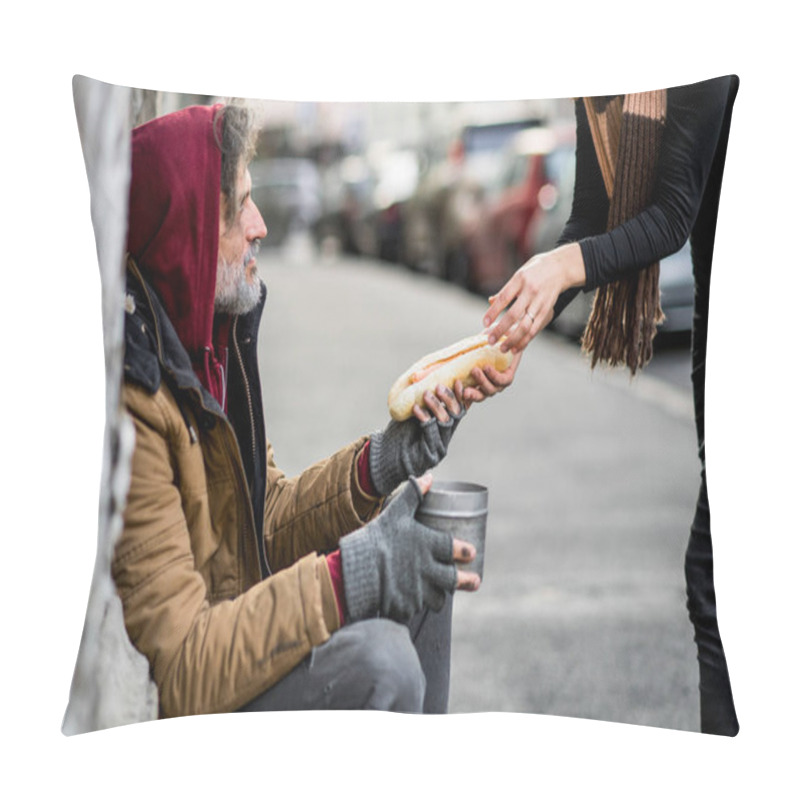 Personality  Unrecognizable Woman Giving Food To Homeless Beggar Man Sitting In City. Pillow Covers