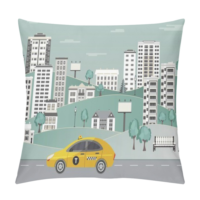 Personality  City Landscape With Riding Yellow Taxi Vehicle On Road On Cityscape Background. Pillow Covers