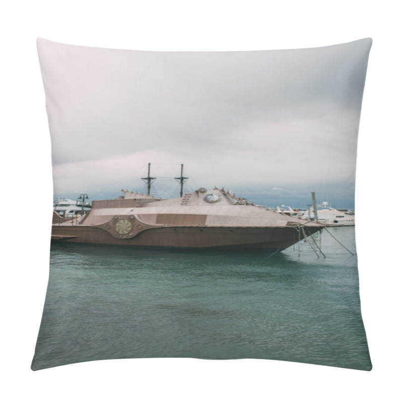 Personality  Retro Ship Near Yachts In Mediterranean Sea Against Sky With Clouds  Pillow Covers