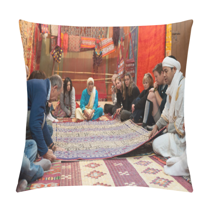 Personality  Moroccan Rug Sellers Showing Traditional Berber Carpets To Tourists. Morocco, Africa Pillow Covers