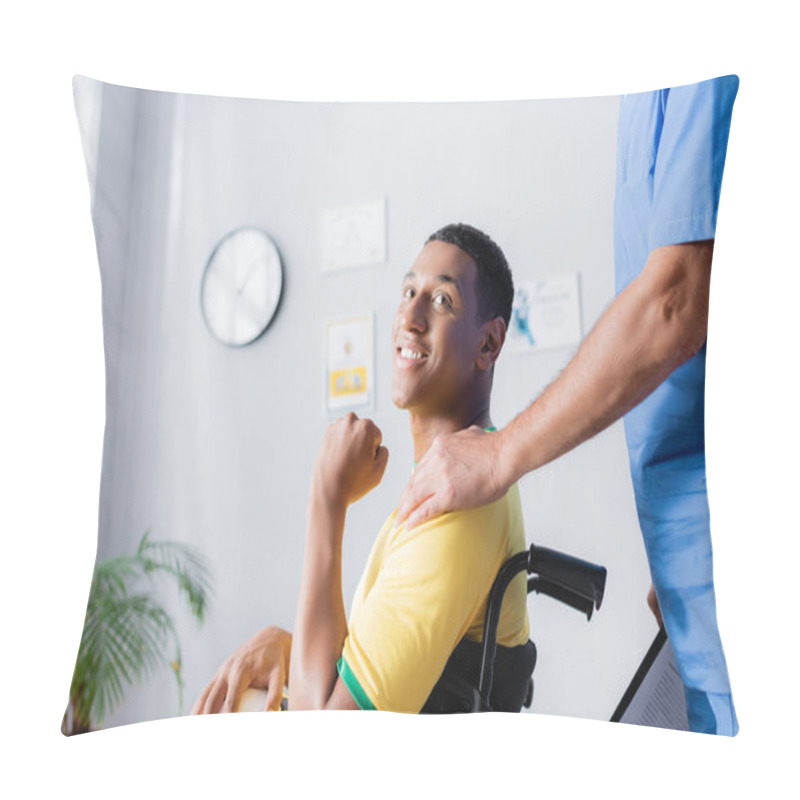 Personality  Mature Doctor Touching Shoulder Of Cheerful Disabled Sportsman In Clinic  Pillow Covers