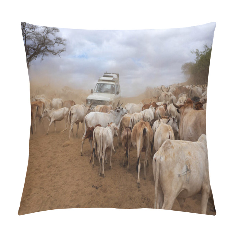 Personality  A Herd Of Cattle And A 4x4 In South Omo, Ethiopia.  Pillow Covers