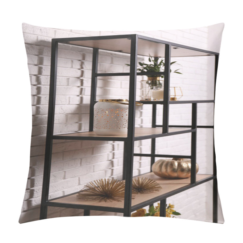 Personality  Shelving With Different Decor Near White Brick Wall. Interior Design Pillow Covers