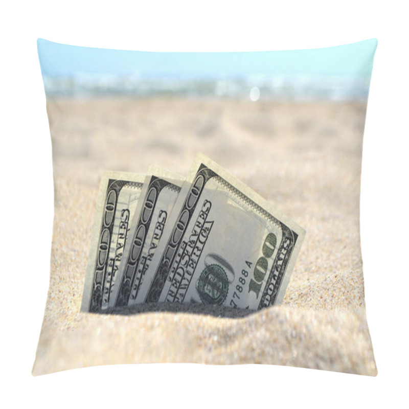 Personality  Money Dolars Half Covered With Sand Lie On Sandy Beach Near Sea Pillow Covers