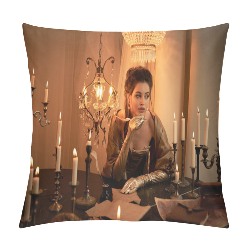 Personality  A Beautiful Vampire Sits Elegantly At A Candlelit Table, Lost In Thought. Pillow Covers